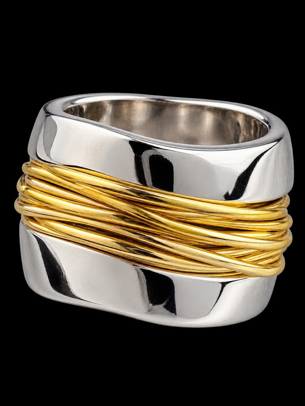 Source Unknown Silver Band Ring with Gold Wire Wraps
